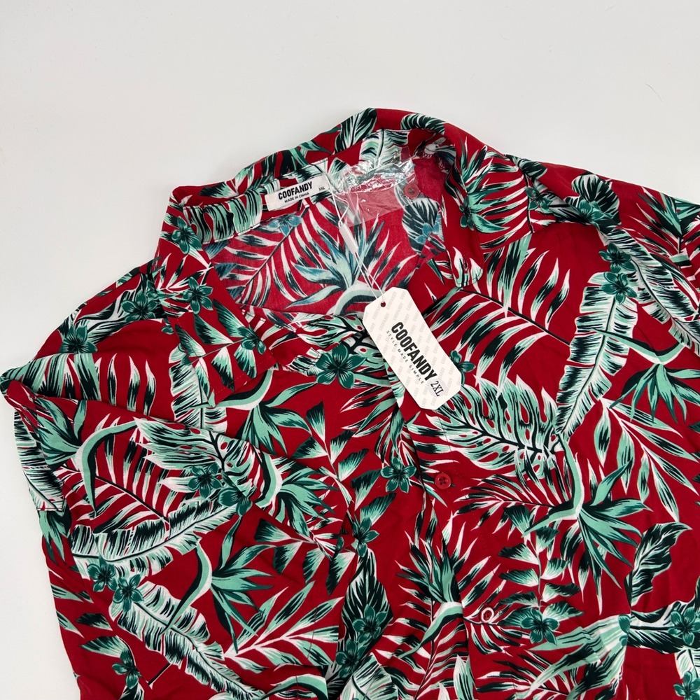 COOFANDY Mens Tropical Leaf Print Button‎ Up Short Sleeve Shirt XXL Red Green